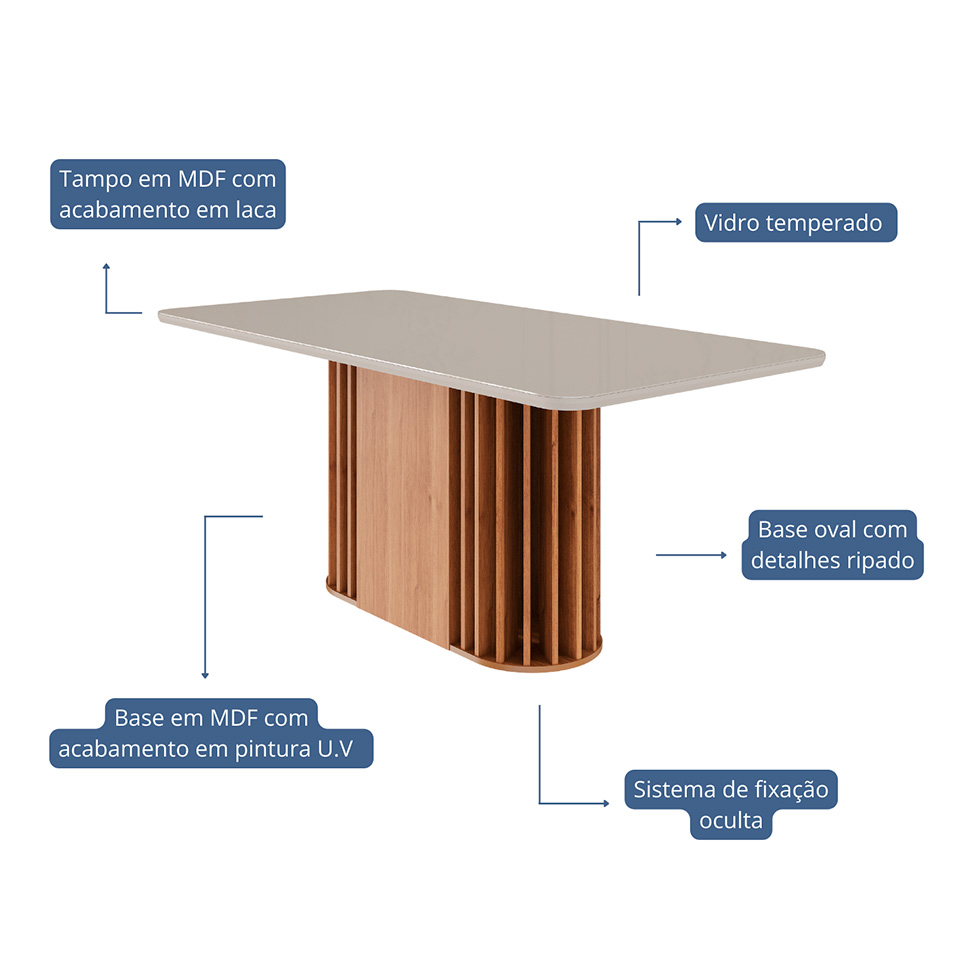 Mesa de Jantar Retangular com Tampo de Vidro Julieta Off White e Cinamomo 180 cm