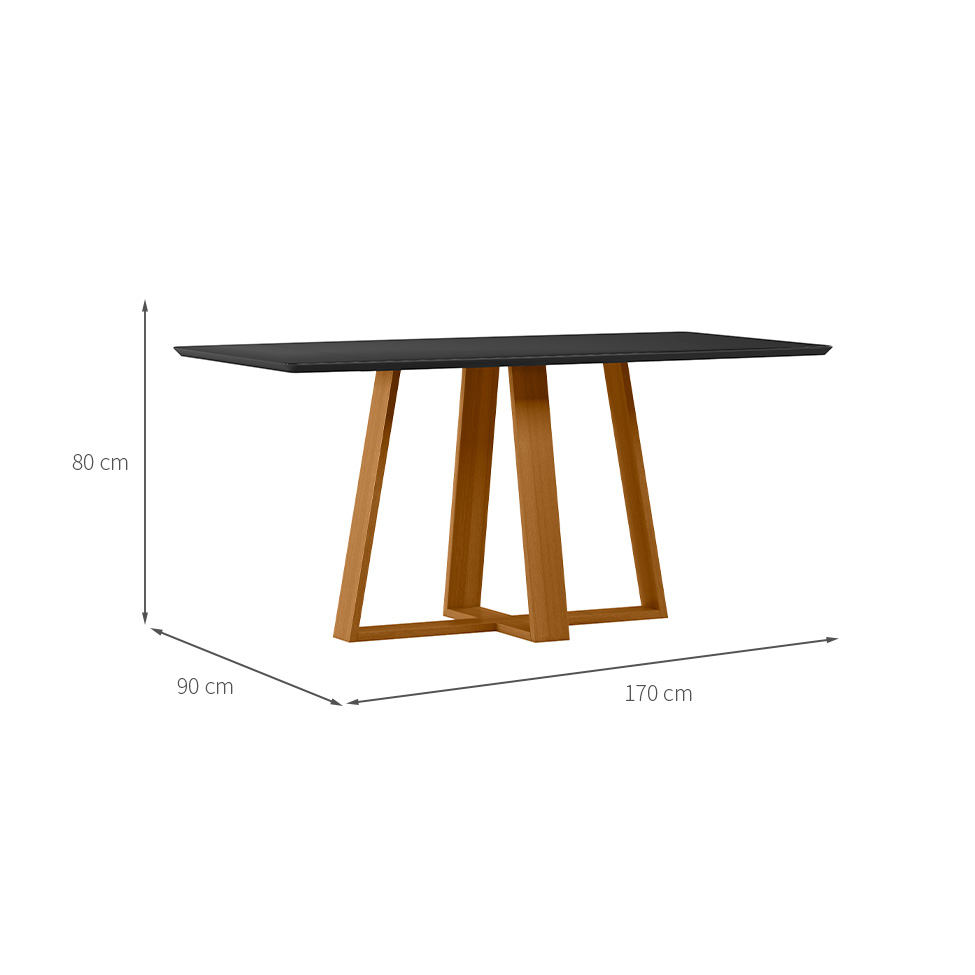 Mesa de Jantar Retangular com Tampo de Vidro Lectus Preto e Ipê 170 cm