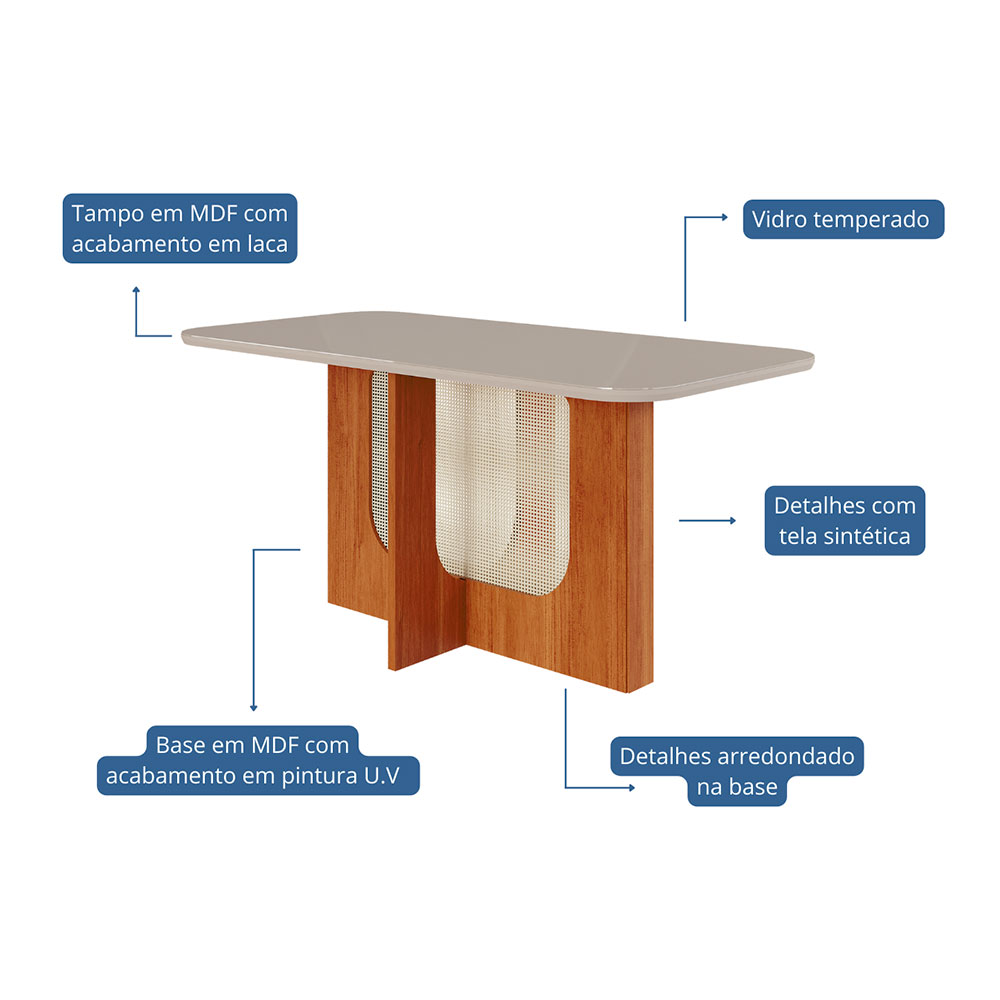 Mesa de Jantar Retangular com Tampo de Vidro Louise Cinamomo e Off White 160 cm