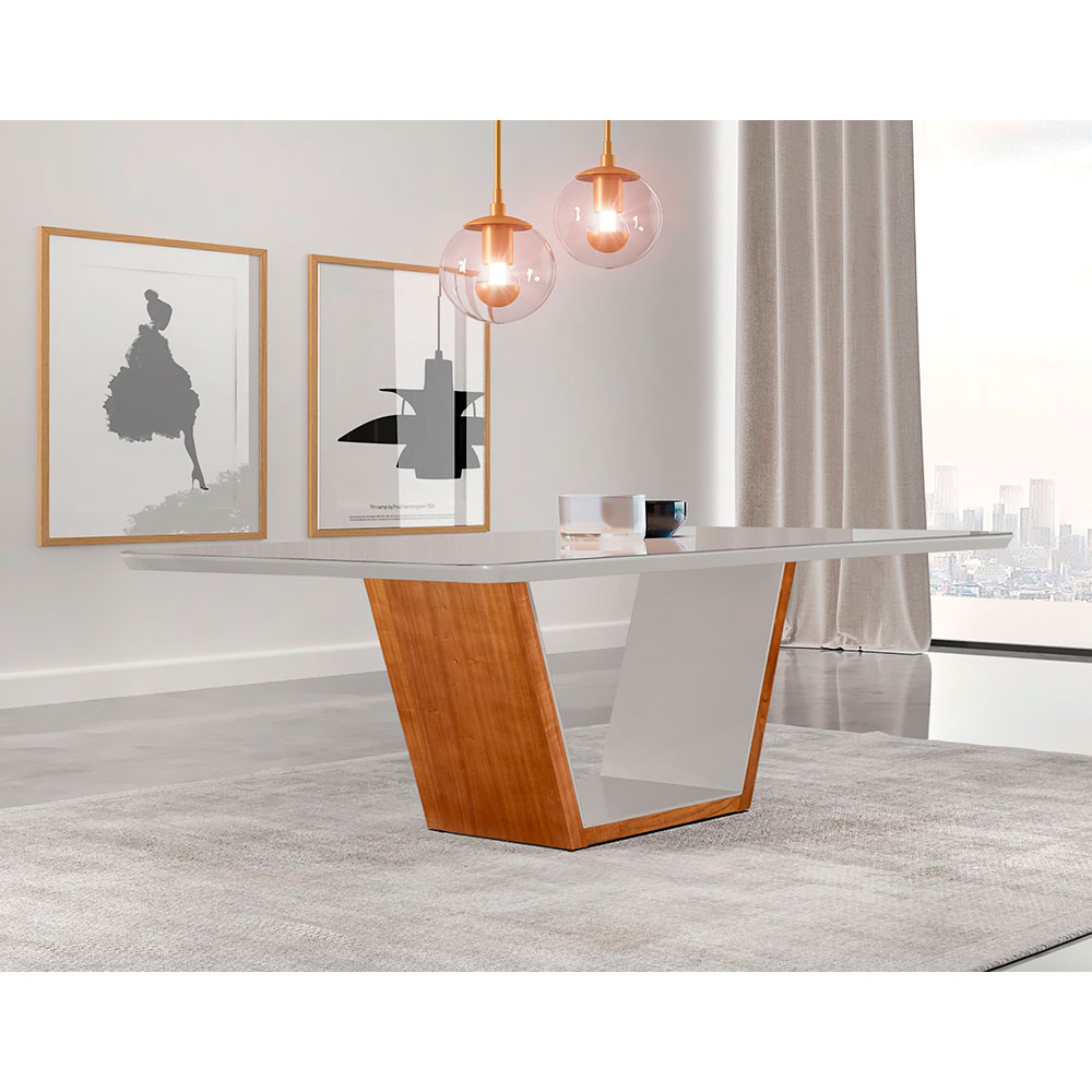 Mesa de Jantar Retangular com Tampo de Vidro Luna Cinamomo e Off White