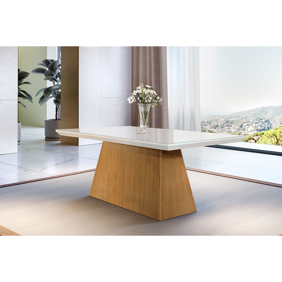 Mesa de Jantar Retangular com Tampo de Vidro Luna Imbuia e Off White