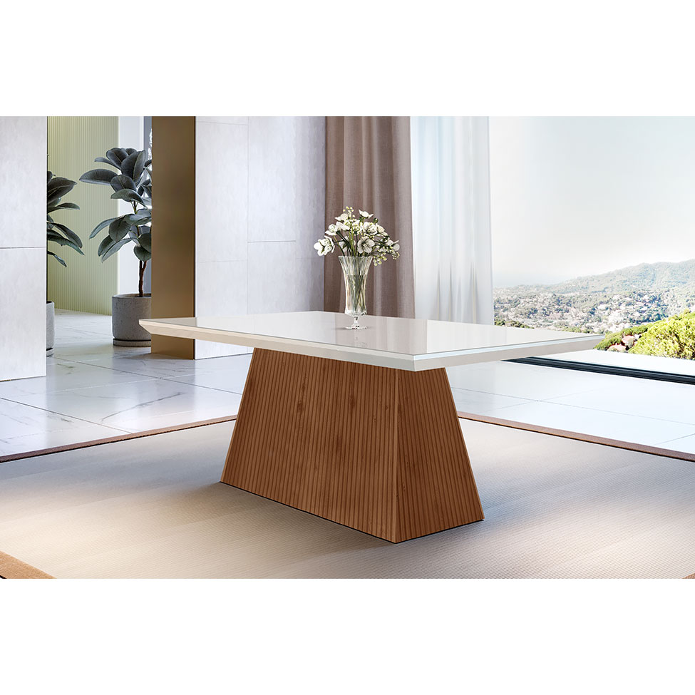 Mesa de Jantar Retangular com Tampo de Vidro Luna com Adesivo Ripado Imbuia e Off White