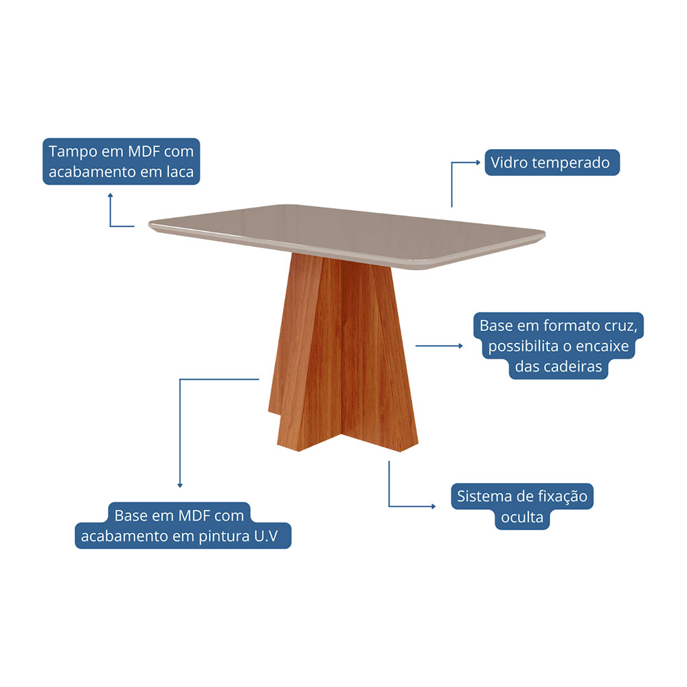 Mesa de Jantar Retangular com Tampo de Vidro Maite Cinamomo e Off White 130 cm