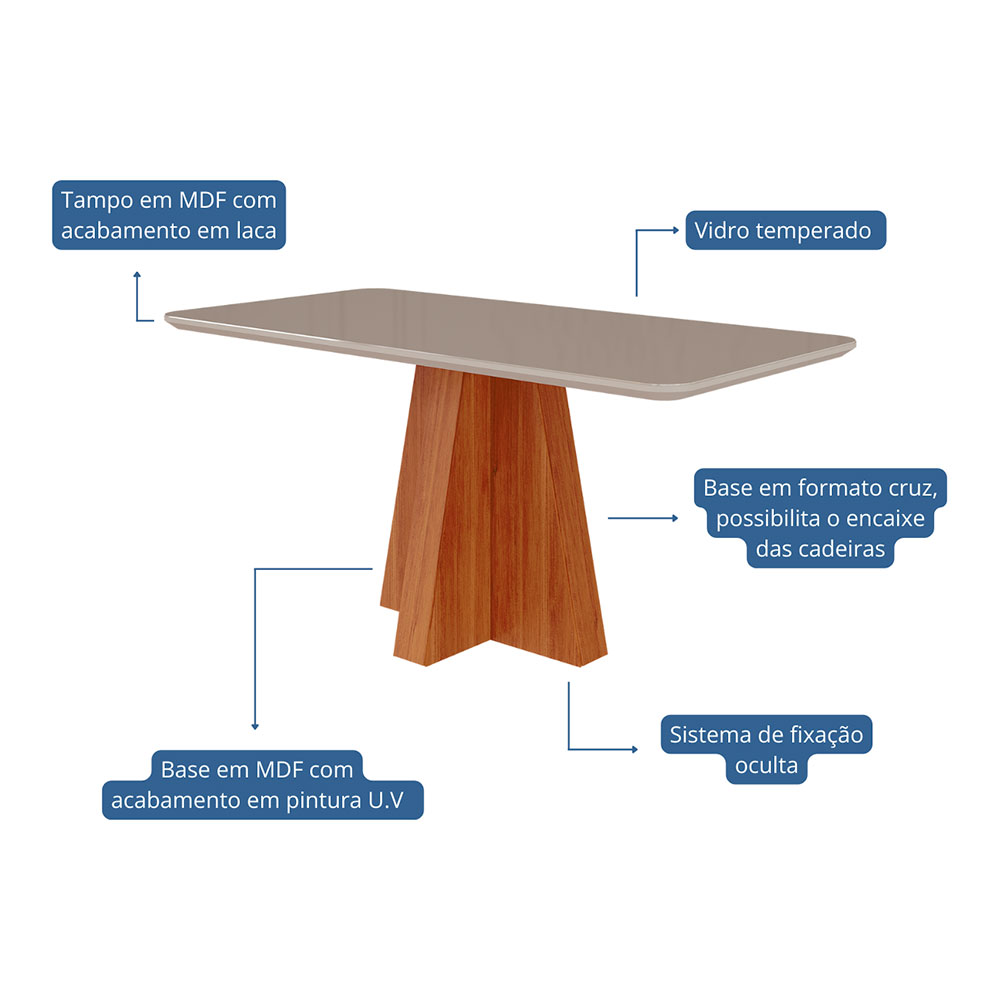 Mesa de Jantar Retangular com Tampo de Vidro Maite Cinamomo e Off White 160 cm