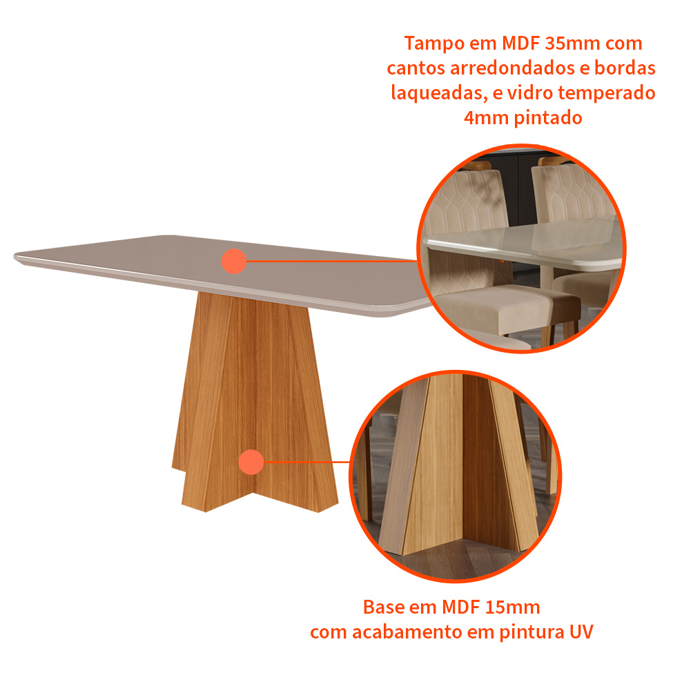 Mesa de Jantar Retangular com Tampo de Vidro Maite Off White e Nature 160 cm