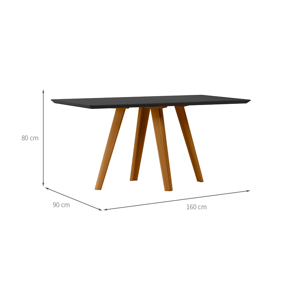 Mesa de Jantar Retangular com Tampo de Vidro Mariah Preto e Ipê 160 cm