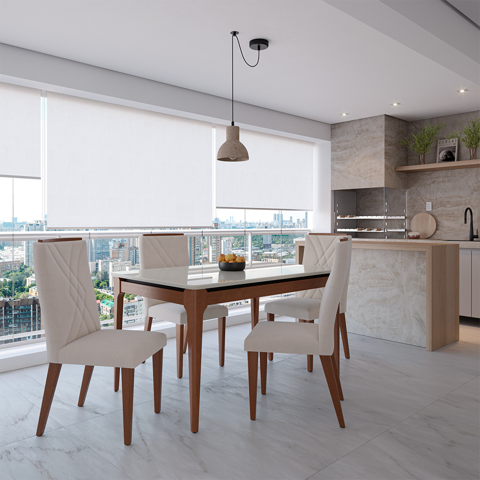Mesa de Jantar Retangular com Tampo de Vidro Off White Addar Natural 135 cm