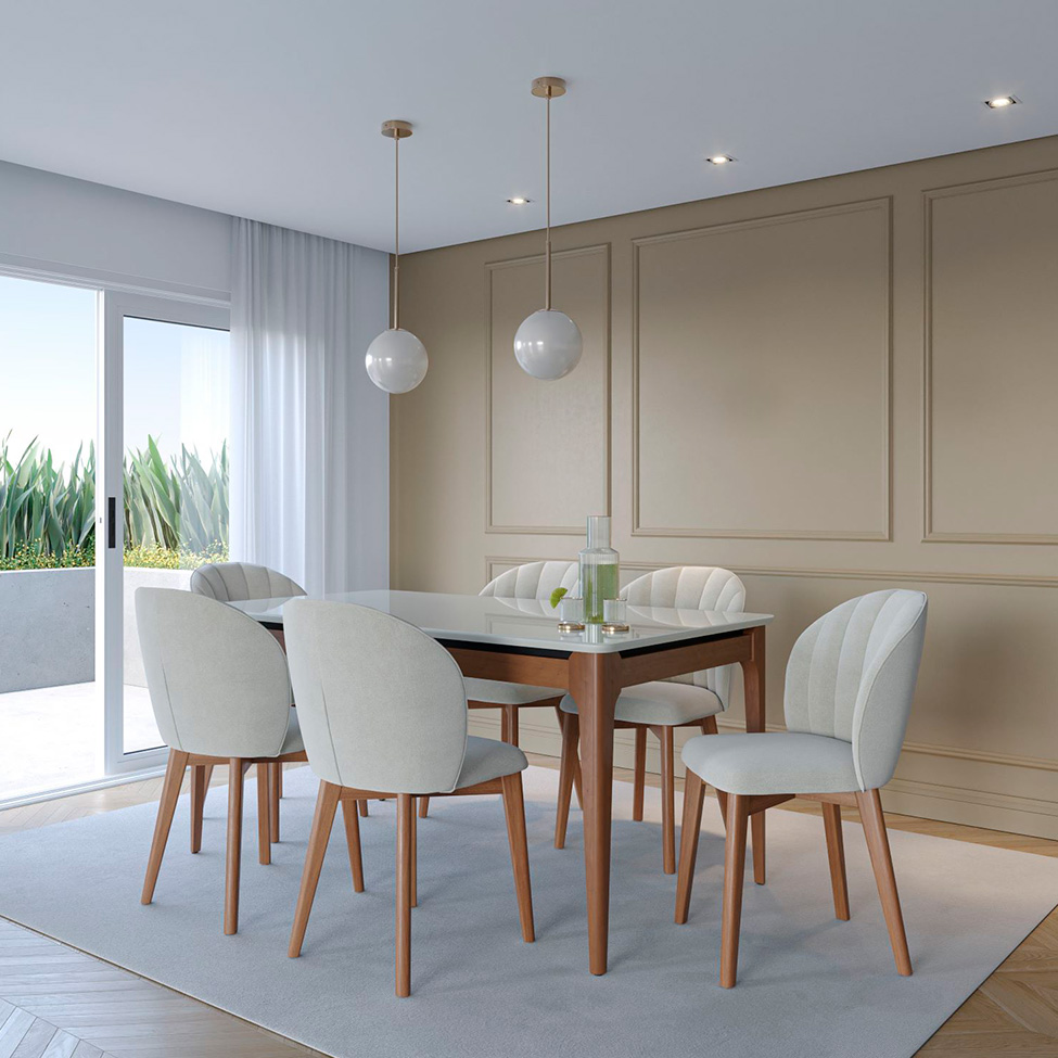 Mesa de Jantar Retangular com Tampo de Vidro Off White Addar Natural 160 cm