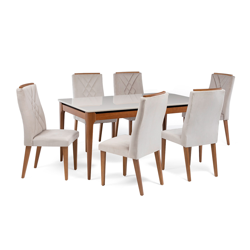 Mesa de Jantar Retangular com Tampo de Vidro Off White Addar Natural 160 cm