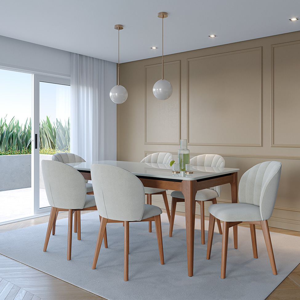 Mesa de Jantar Retangular com Tampo de Vidro Off White Addar Natural 184 cm