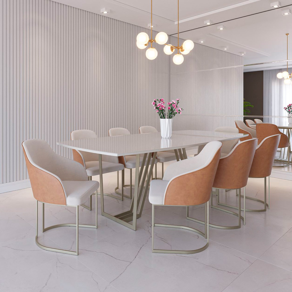 Mesa de Jantar Retangular com Tampo de Vidro Off White Albany Champanhe 219 cm