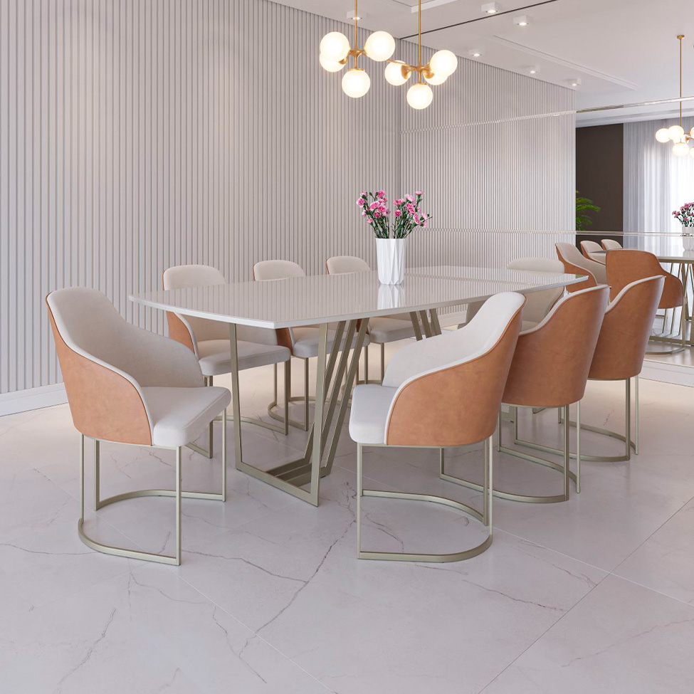 Mesa de Jantar Retangular com Tampo de Vidro Off White Albany Champanhe 240 cm