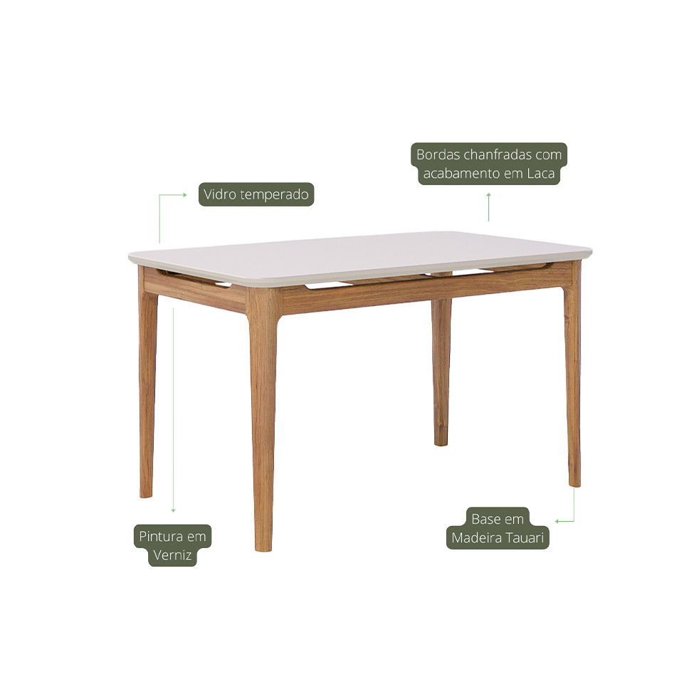 Mesa de Jantar Retangular com Tampo de Vidro Off White Baoba Cinamomo 130 cm