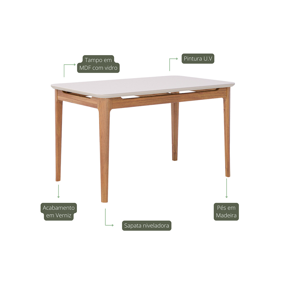 Mesa de Jantar Retangular com Tampo de Vidro Off White Baoba Cinamomo 140 cm