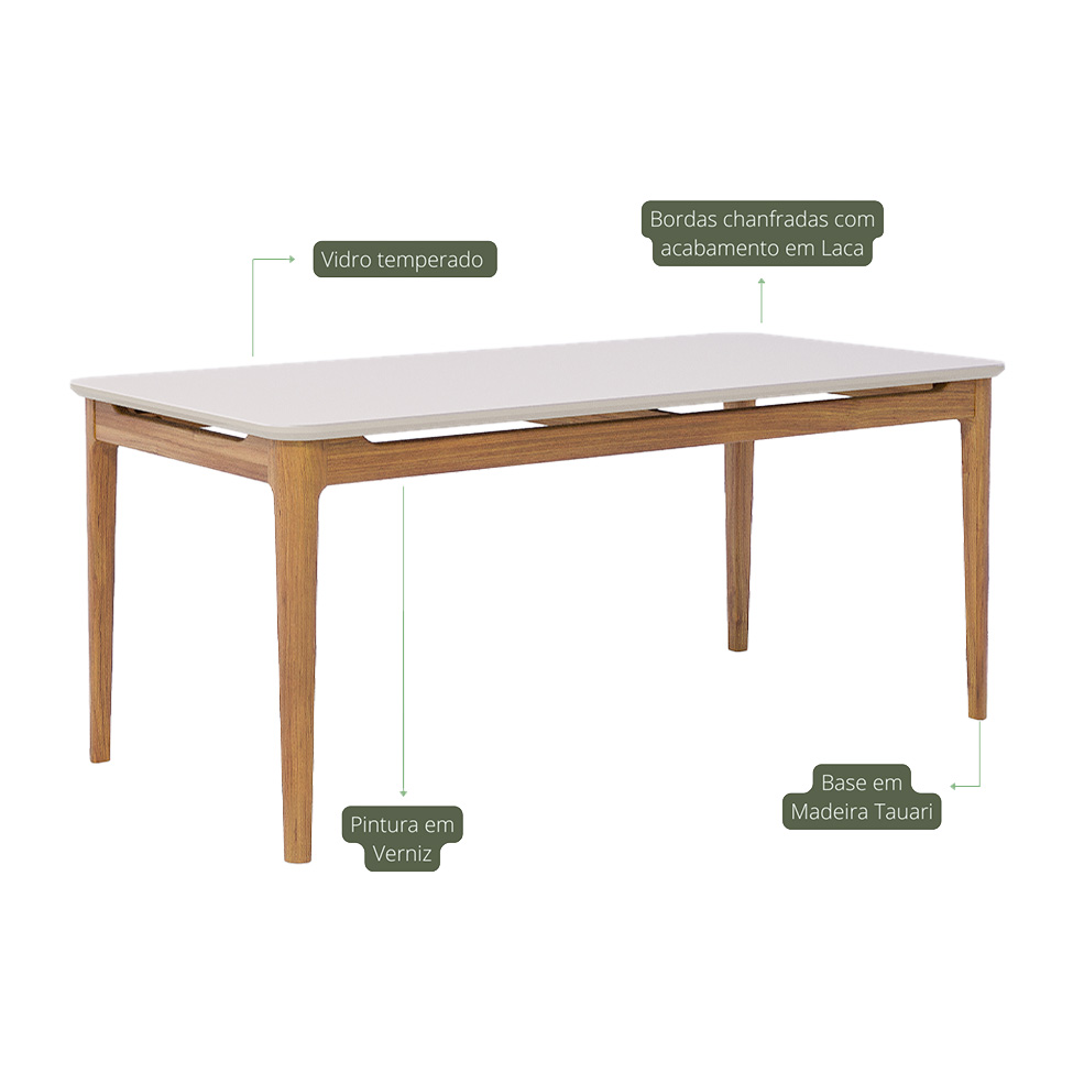 Mesa de Jantar Retangular com Tampo de Vidro Off White Baoba Cinamomo 180 cm