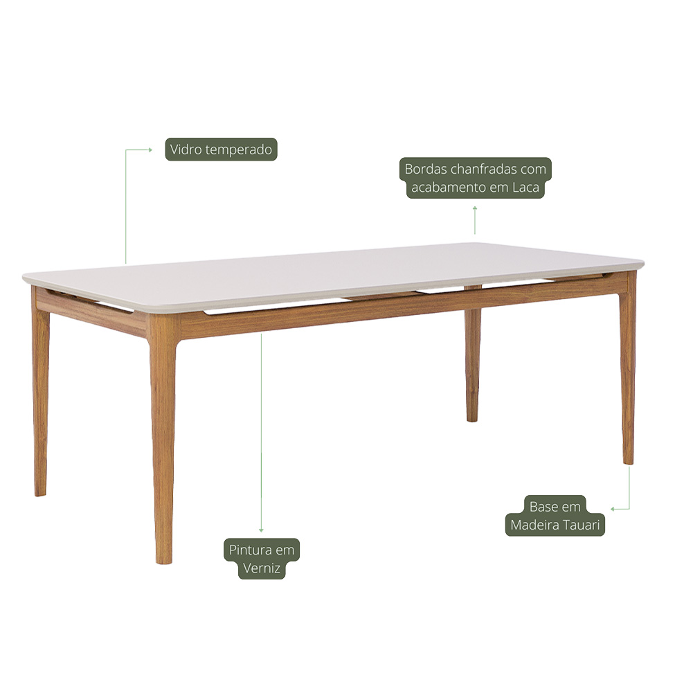 Mesa de Jantar Retangular com Tampo de Vidro Off White Baoba Cinamomo 210 cm