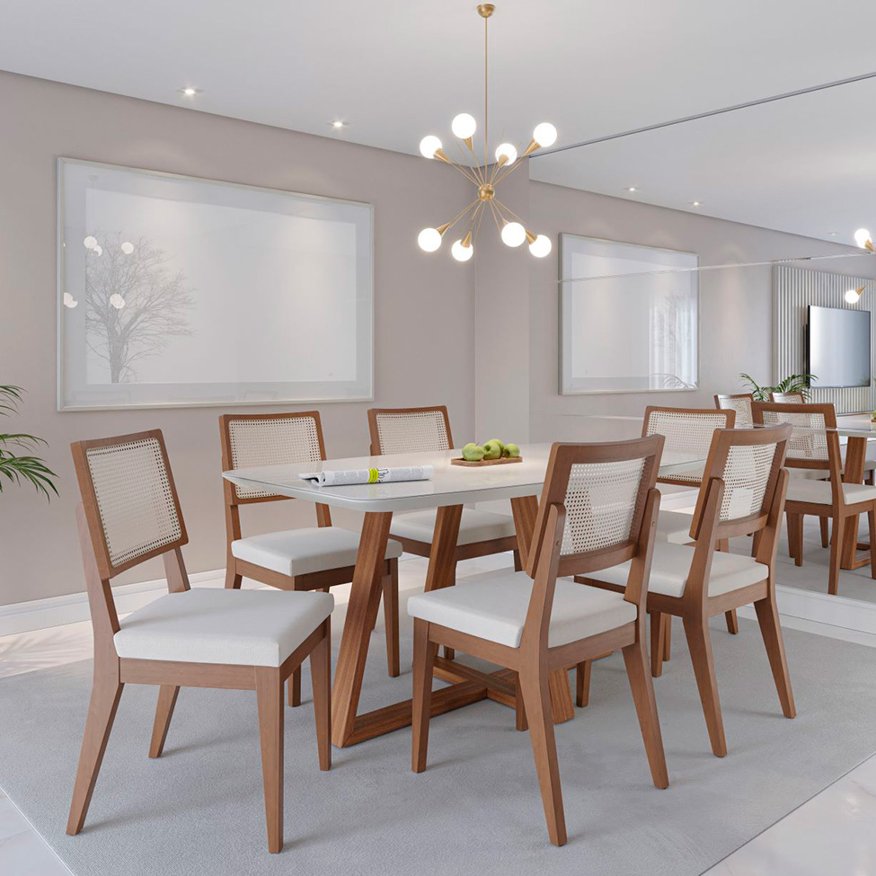 Mesa de Jantar Retangular com Tampo de Vidro Off White Bennett Natural 160 cm