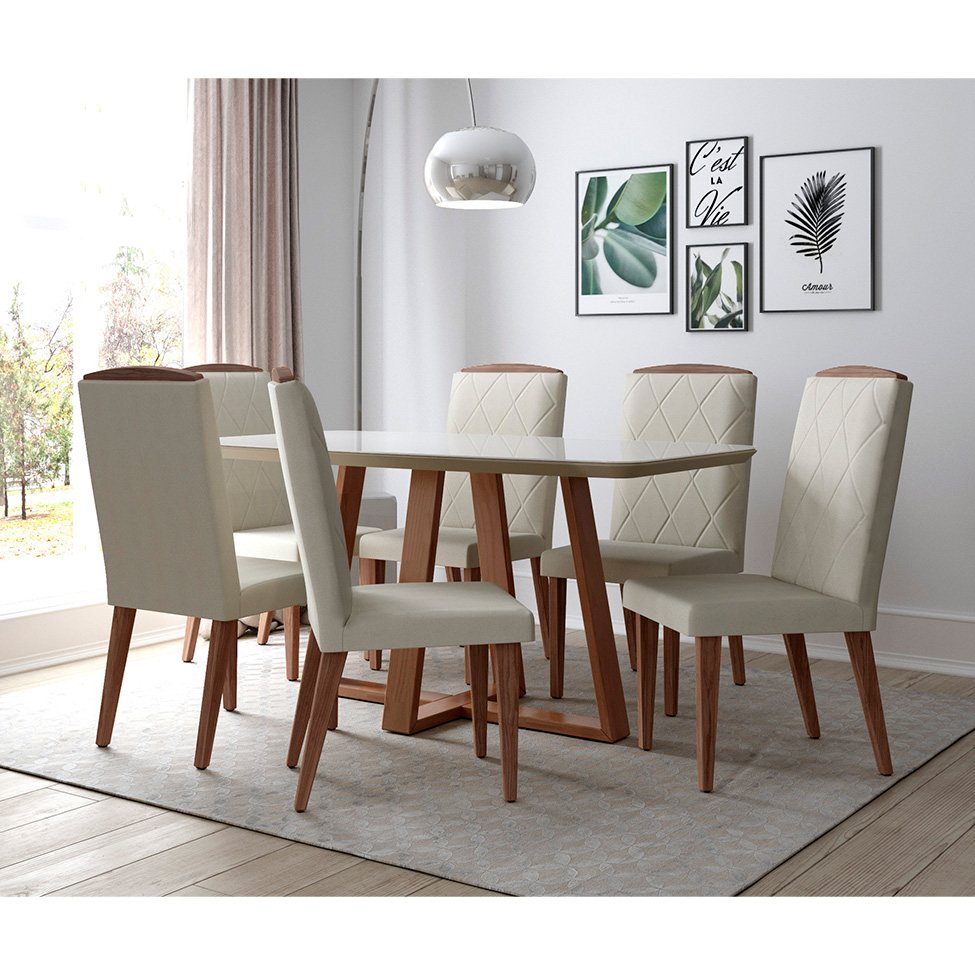 Mesa de Jantar Retangular com Tampo de Vidro Off White Bennett Natural 160 cm
