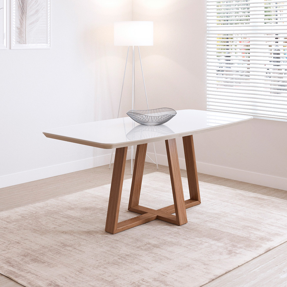 Mesa de Jantar Retangular com Tampo de Vidro Off White Bennett Natural 180 cm