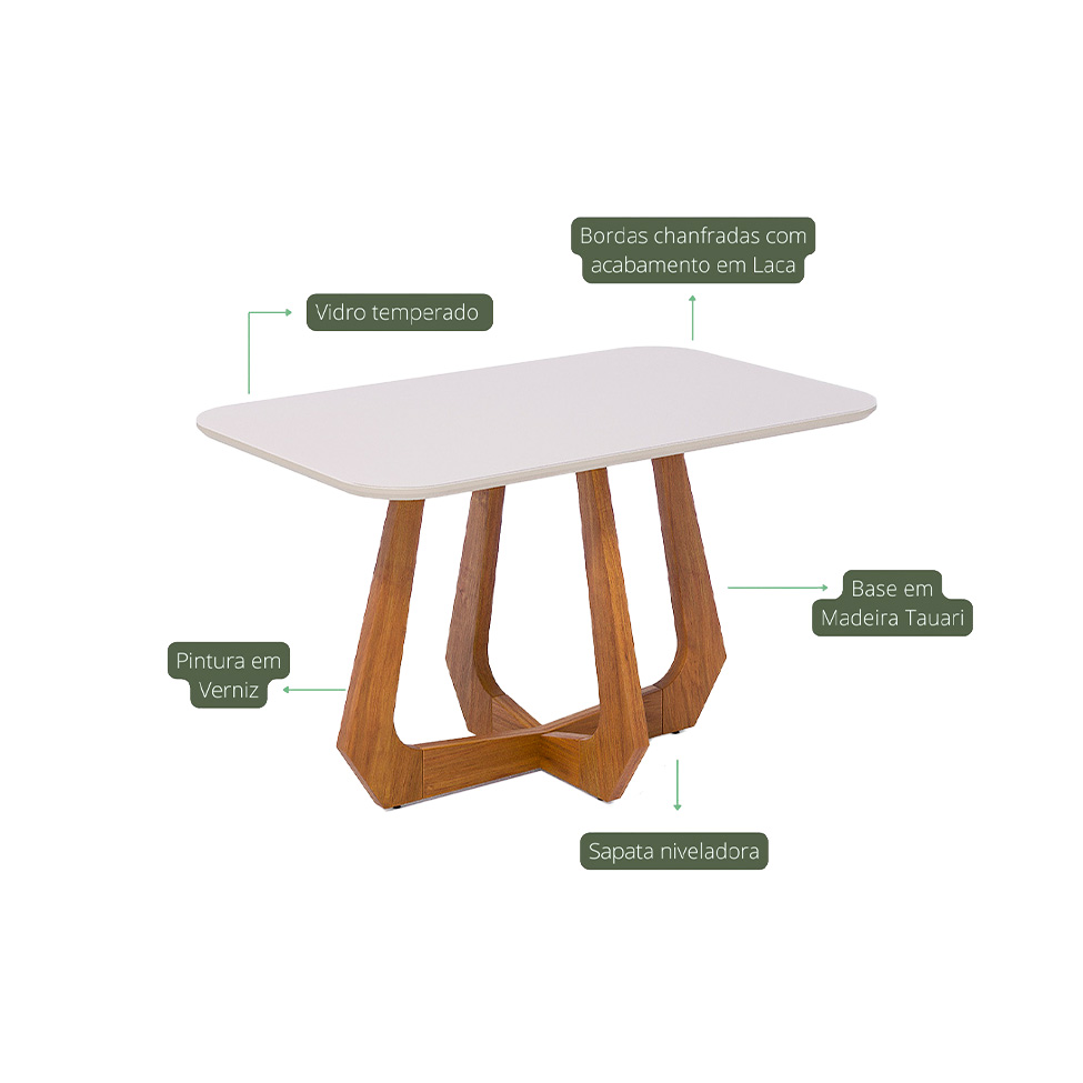 Mesa de Jantar Retangular com Tampo de Vidro Off White Bromélia Cinamomo 130 cm