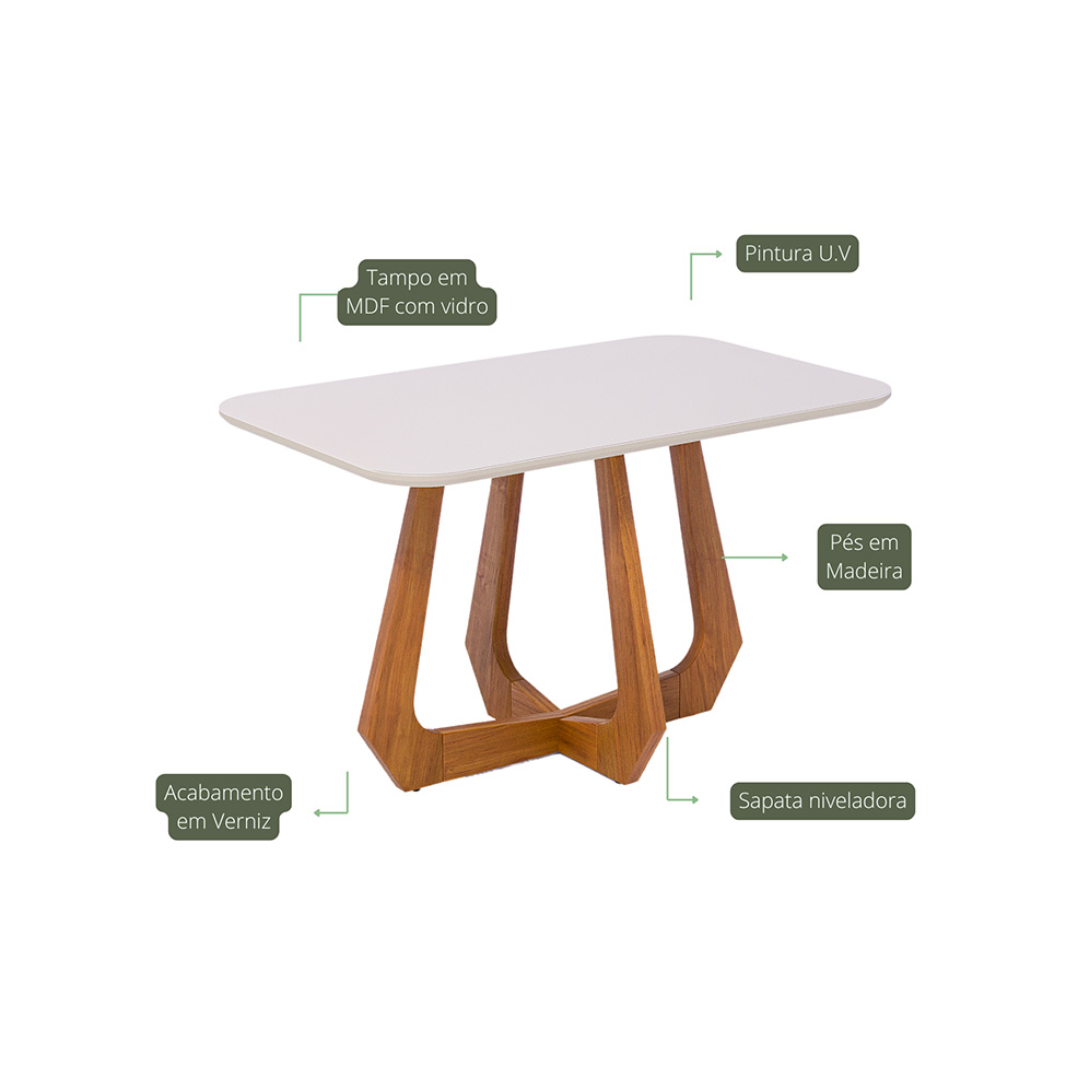 Mesa de Jantar Retangular com Tampo de Vidro Off White Bromélia Cinamomo 140 cm