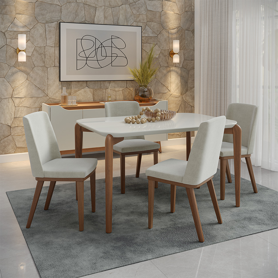 Mesa de Jantar Retangular com Tampo de Vidro Off White Donatella Natural 135 cm