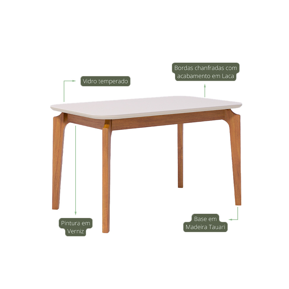 Mesa de Jantar Retangular com Tampo de Vidro Off White Ficus Cinamomo 130 cm