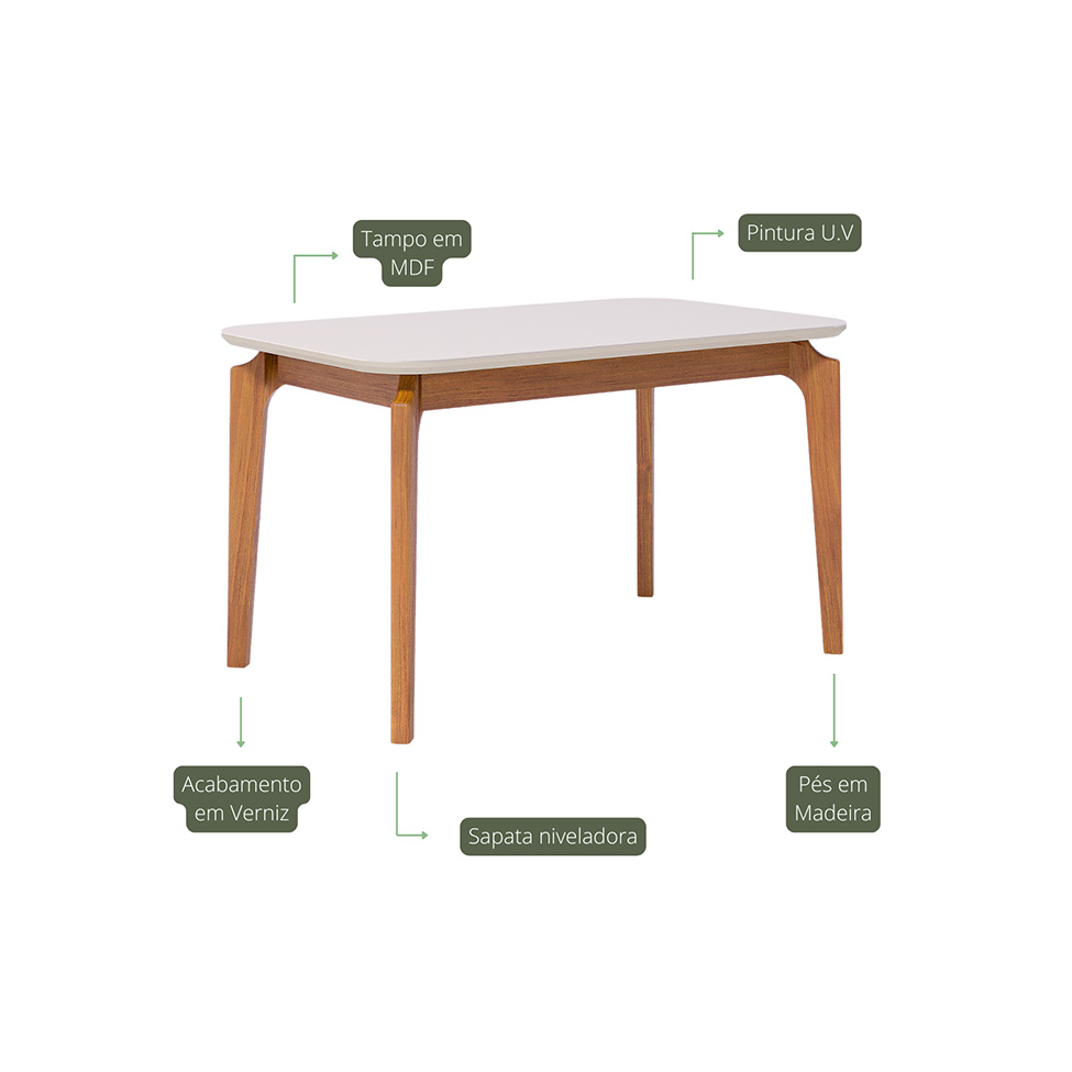 Mesa de Jantar Retangular com Tampo de Vidro Off White Ficus Cinamomo 140 cm