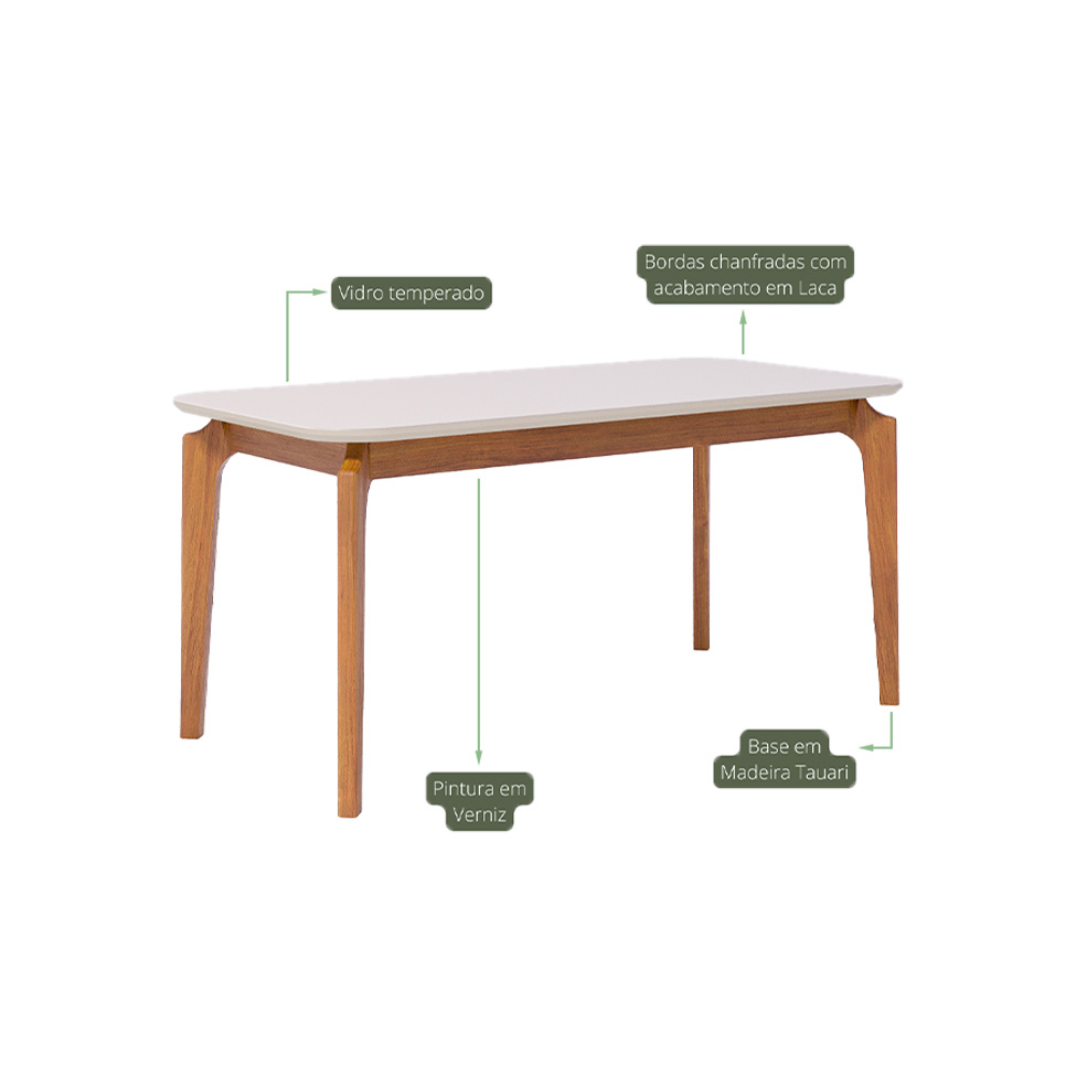 Mesa de Jantar Retangular com Tampo de Vidro Off White Ficus Cinamomo 160 cm