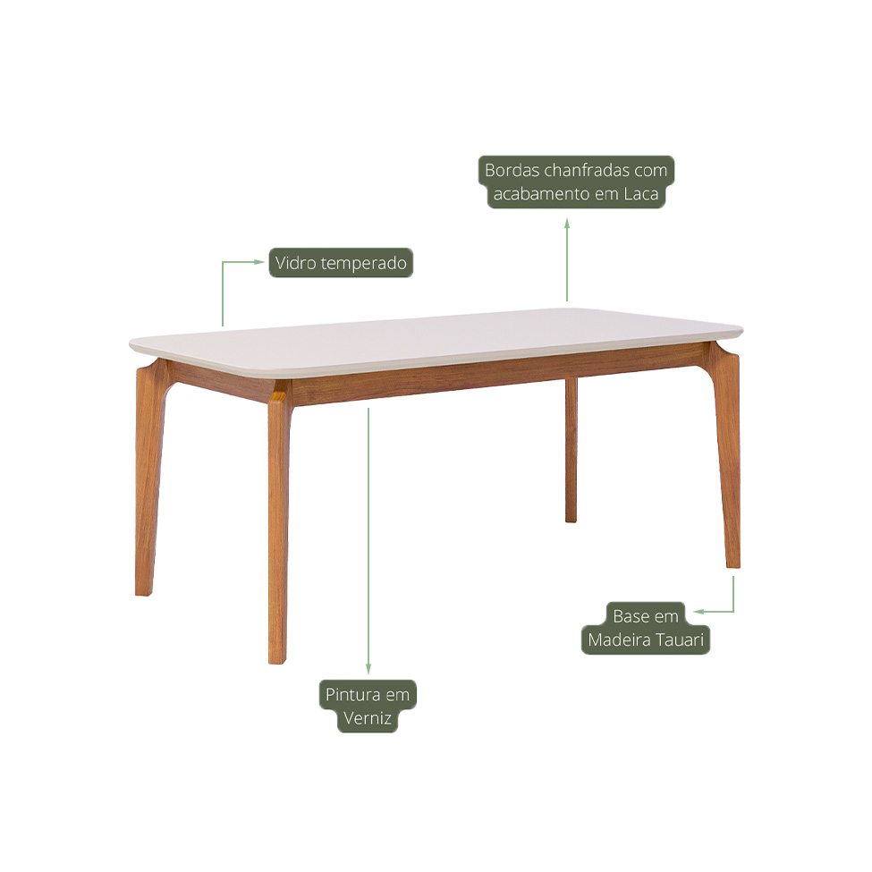 Mesa de Jantar Retangular com Tampo de Vidro Off White Ficus Cinamomo 180 cm