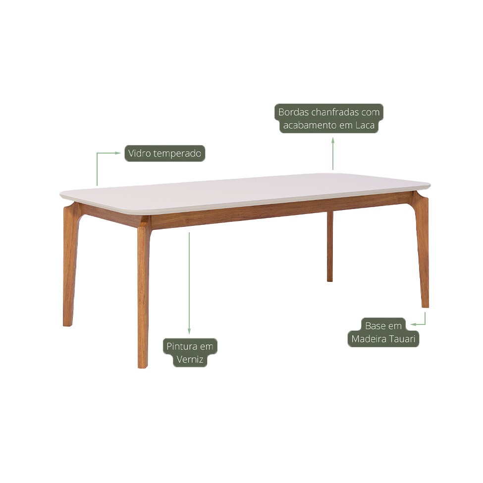 Mesa de Jantar Retangular com Tampo de Vidro Off White Ficus Cinamomo 200 cm