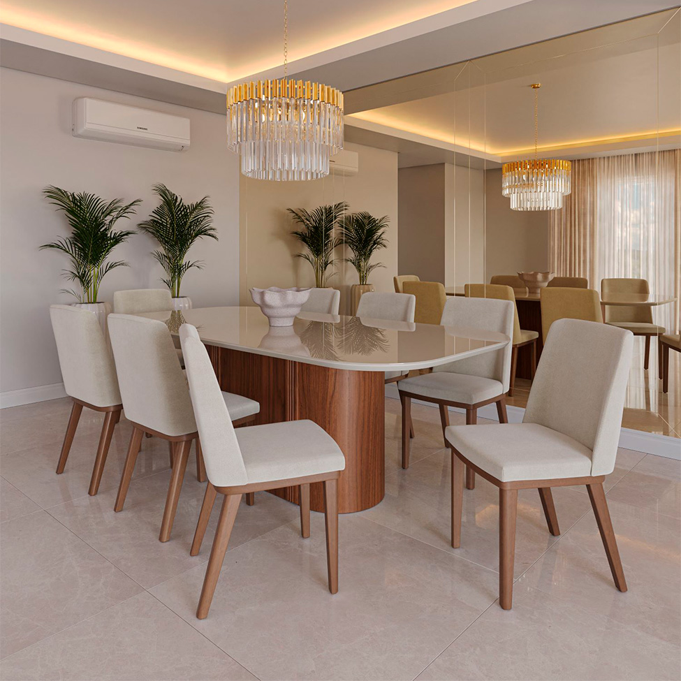 Mesa de Jantar Retangular com Tampo de Vidro Off White Kalina Canela 219 cm