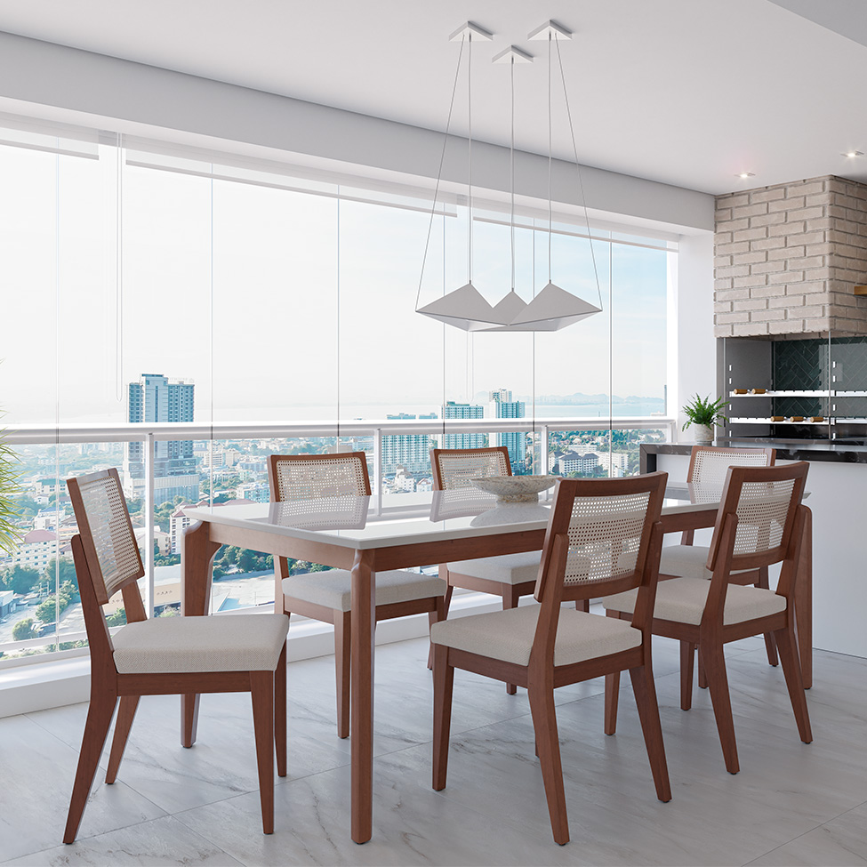 Mesa de Jantar Retangular com Tampo de Vidro Off White Lauren Natural 182 cm
