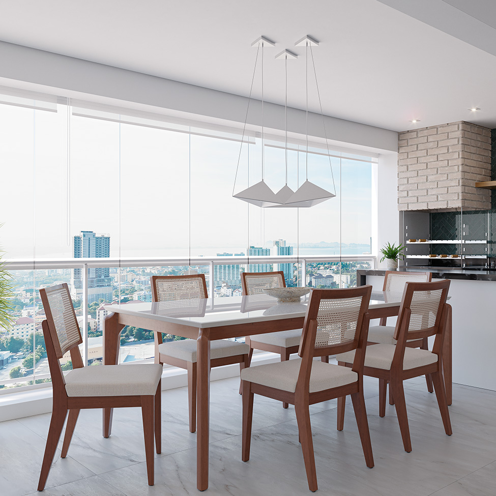 Mesa de Jantar Retangular com Tampo de Vidro Off White Lauren Natural 208 cm