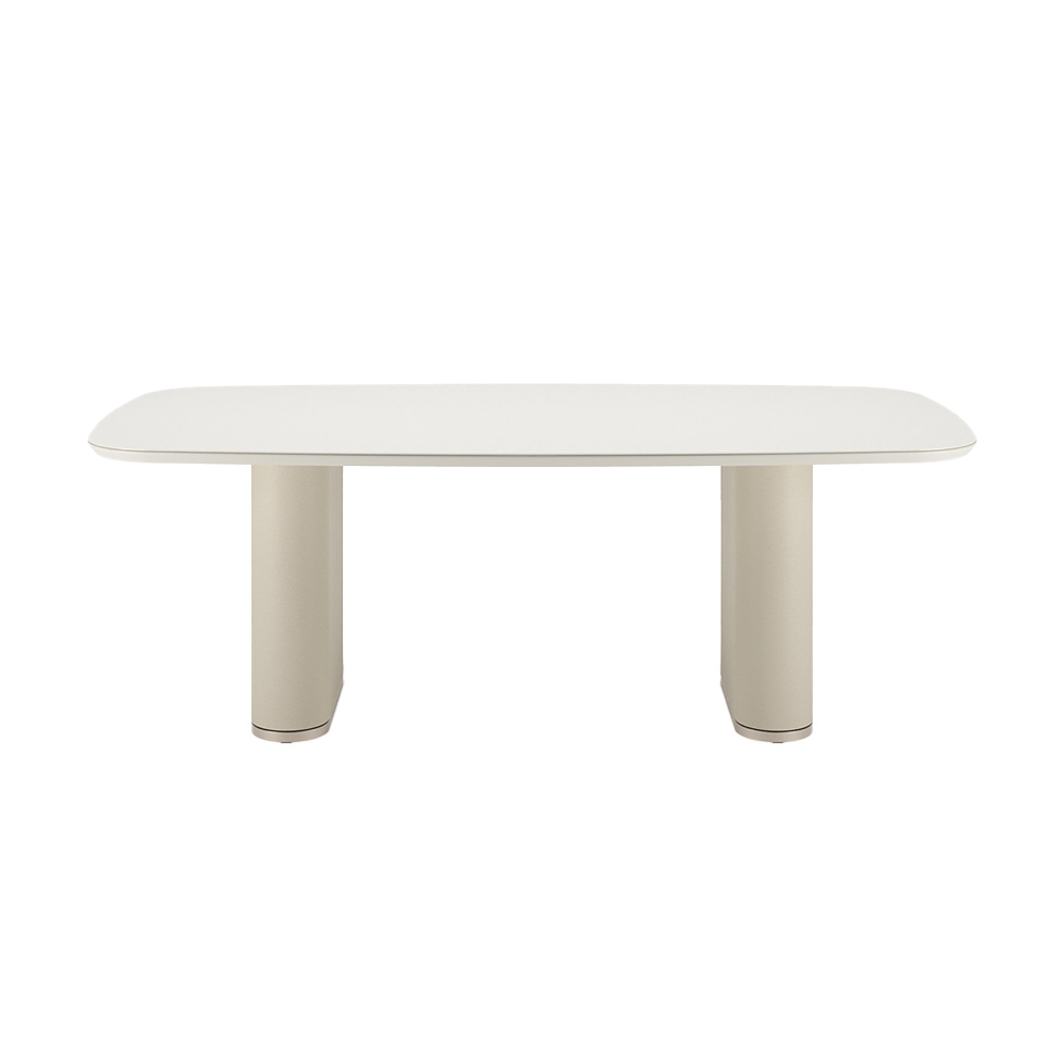 Mesa de Jantar Retangular com Tampo de Vidro Off White Lintz Bege e Champanhe 219 cm