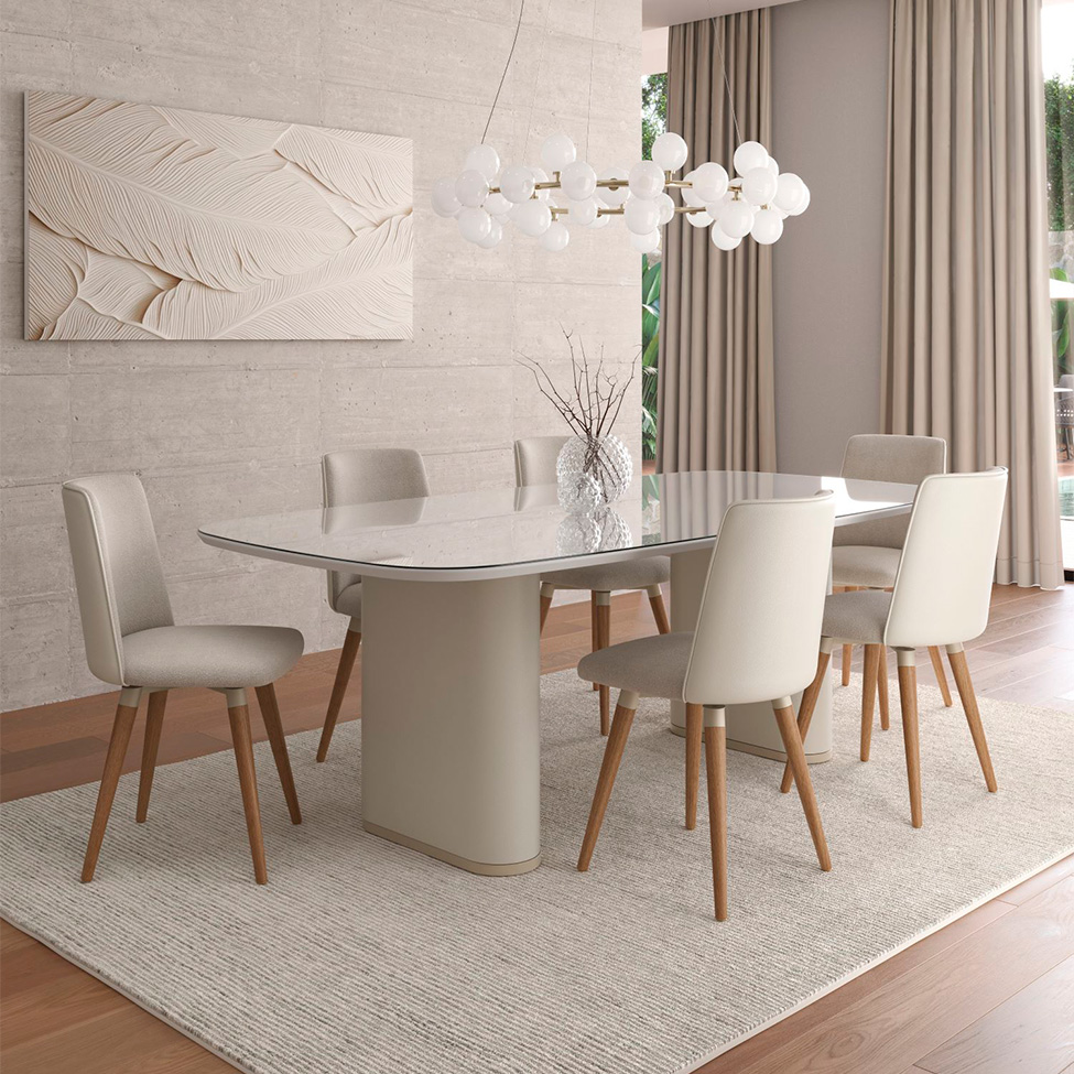 Mesa de Jantar Retangular com Tampo de Vidro Off White Lintz Bege e Champanhe 219 cm