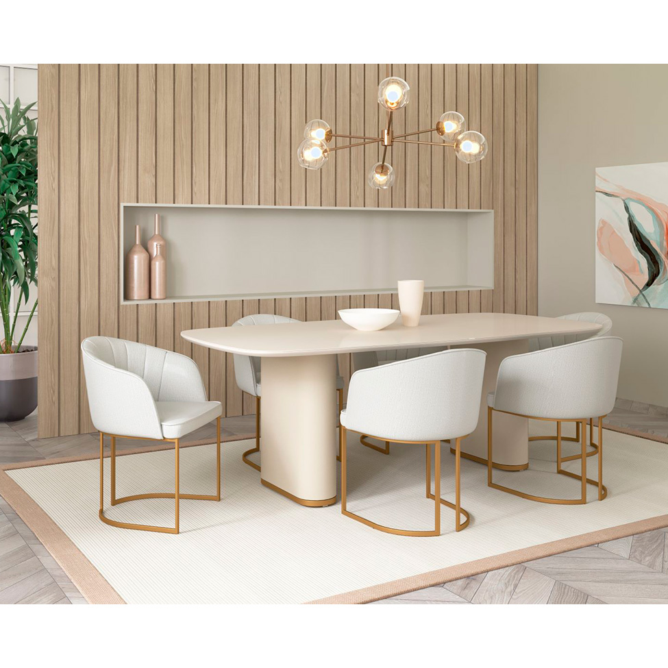 Mesa de Jantar Retangular com Tampo de Vidro Off White Lintz Bege e Dourado 184 cm