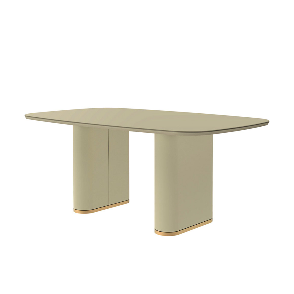 Mesa de Jantar Retangular com Tampo de Vidro Off White Lintz Bege e Dourado 219 cm