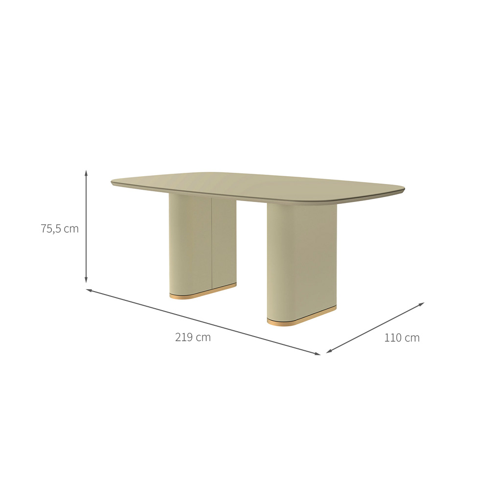 Mesa de Jantar Retangular com Tampo de Vidro Off White Lintz Bege e Dourado 219 cm