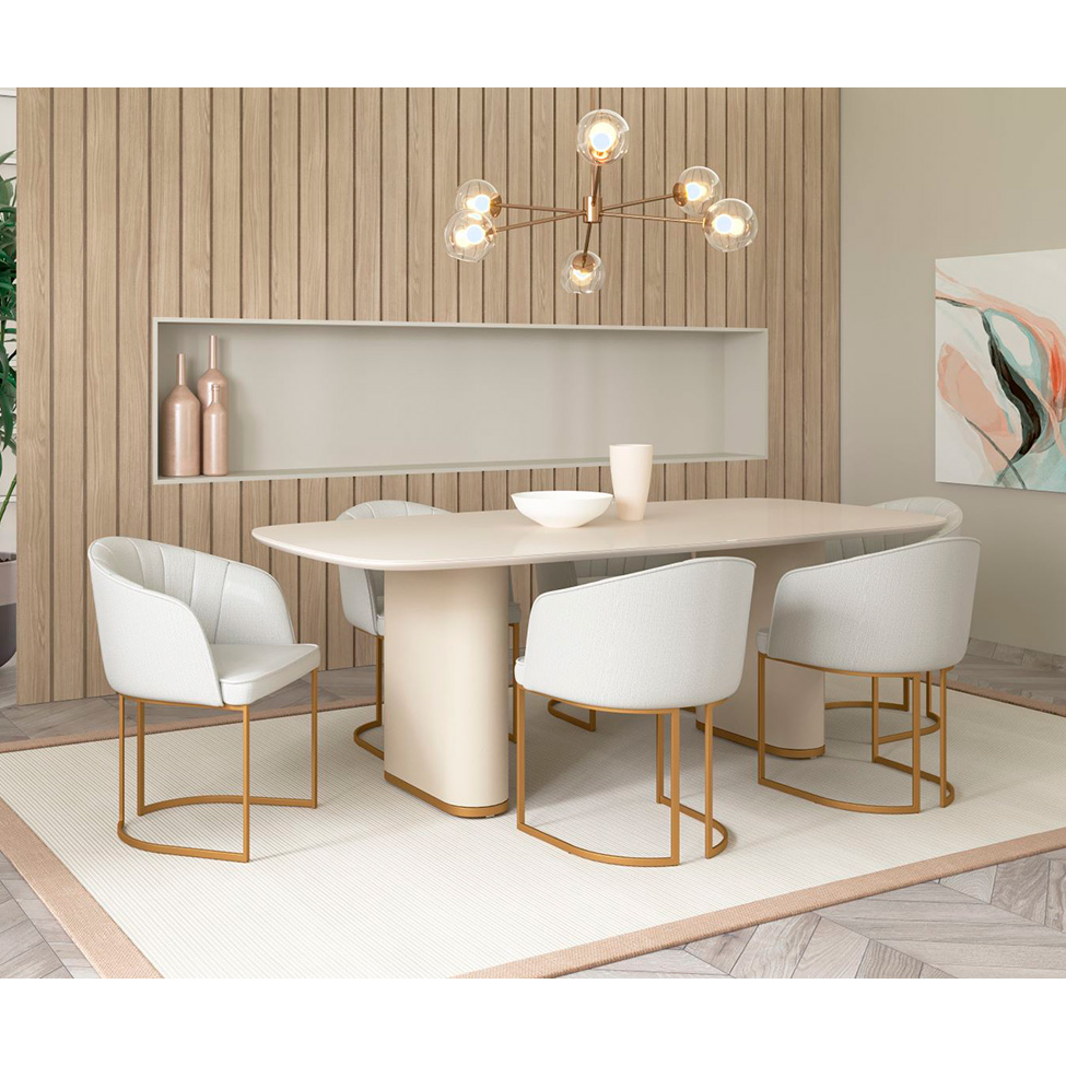 Mesa de Jantar Retangular com Tampo de Vidro Off White Lintz Bege e Dourado 219 cm