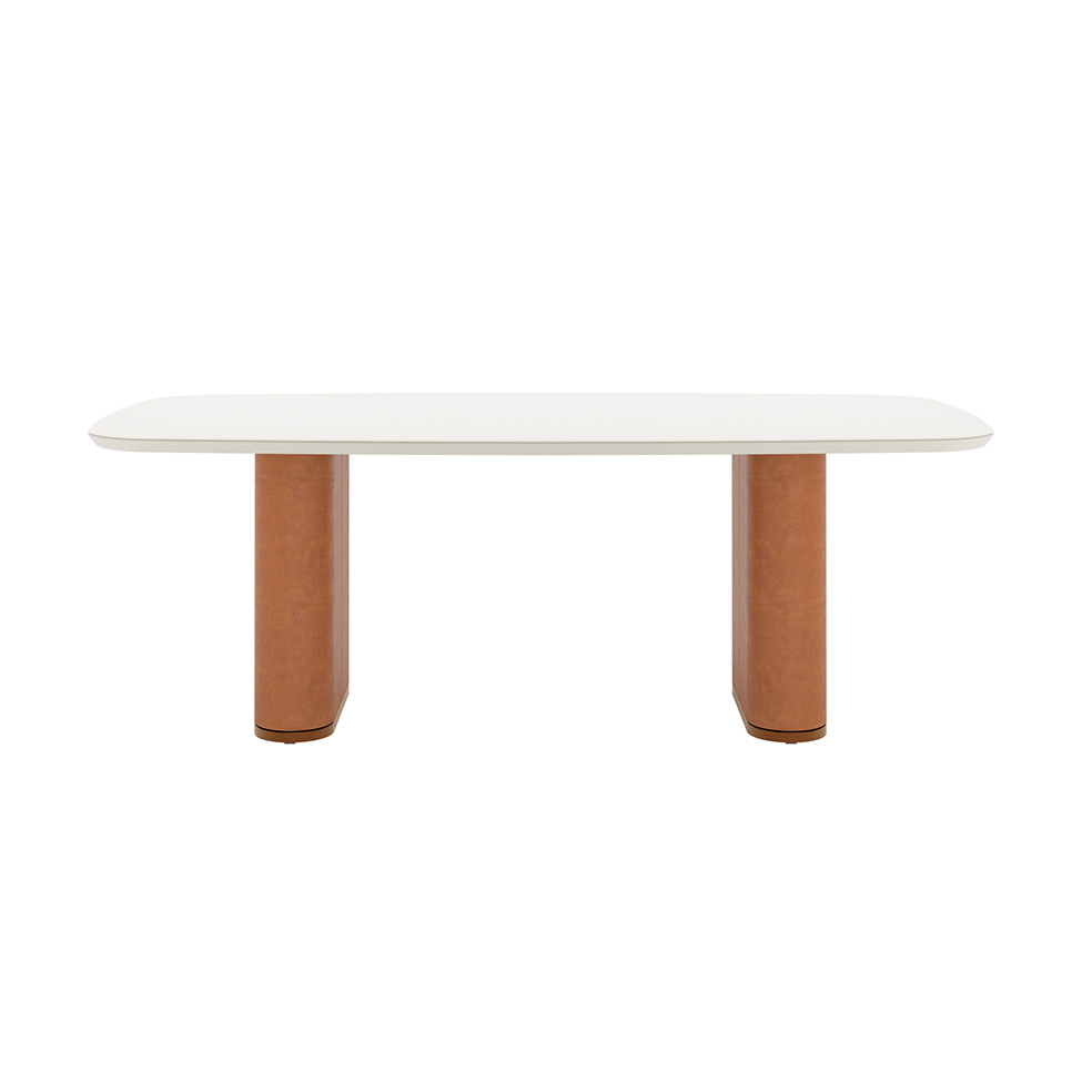 Mesa de Jantar Retangular com Tampo de Vidro Off White Lintz Caramelo e Canela 184 cm