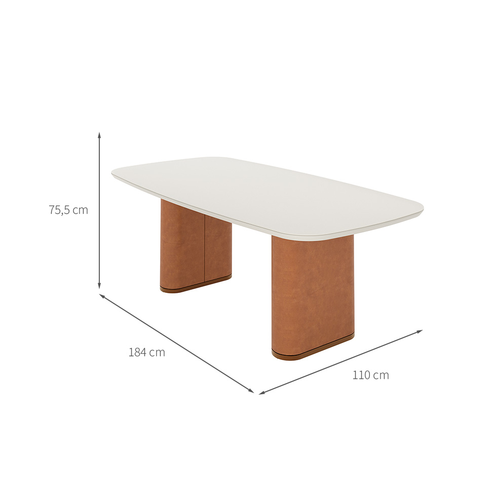 Mesa de Jantar Retangular com Tampo de Vidro Off White Lintz Caramelo e Canela 184 cm