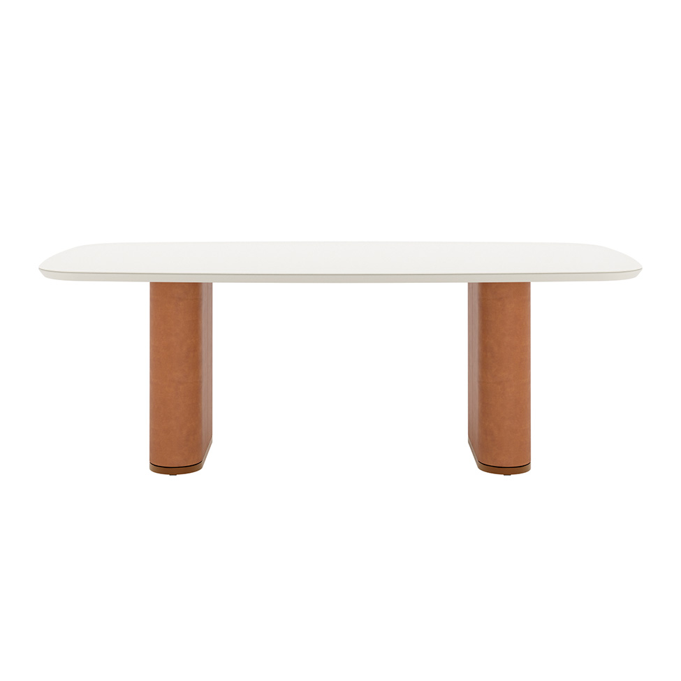 Mesa de Jantar Retangular com Tampo de Vidro Off White Lintz Caramelo e Canela 219 cm
