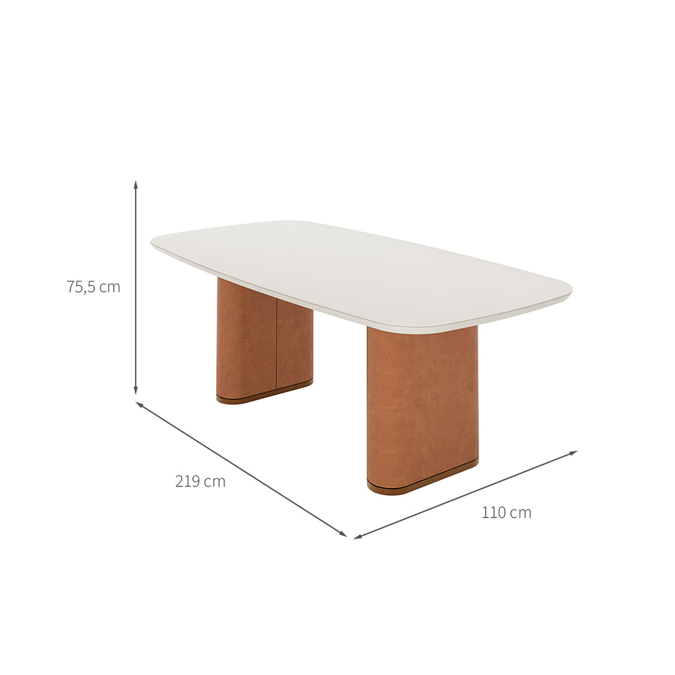 Mesa de Jantar Retangular com Tampo de Vidro Off White Lintz Caramelo e Canela 219 cm