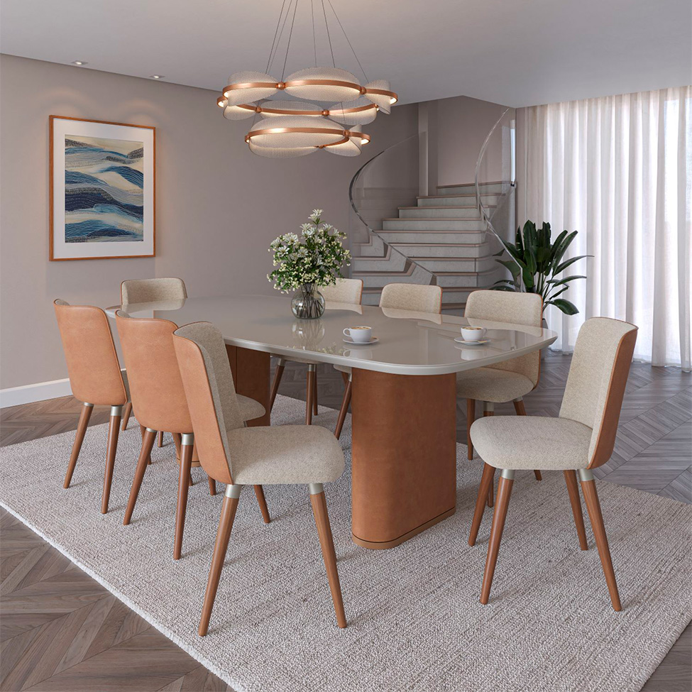 Mesa de Jantar Retangular com Tampo de Vidro Off White Lintz Caramelo e Canela 219 cm