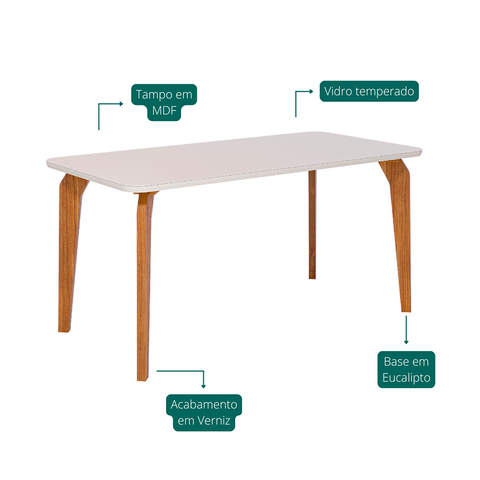Mesa de Jantar Retangular com Tampo de Vidro Papaia Off White e Madeira 160 cm
