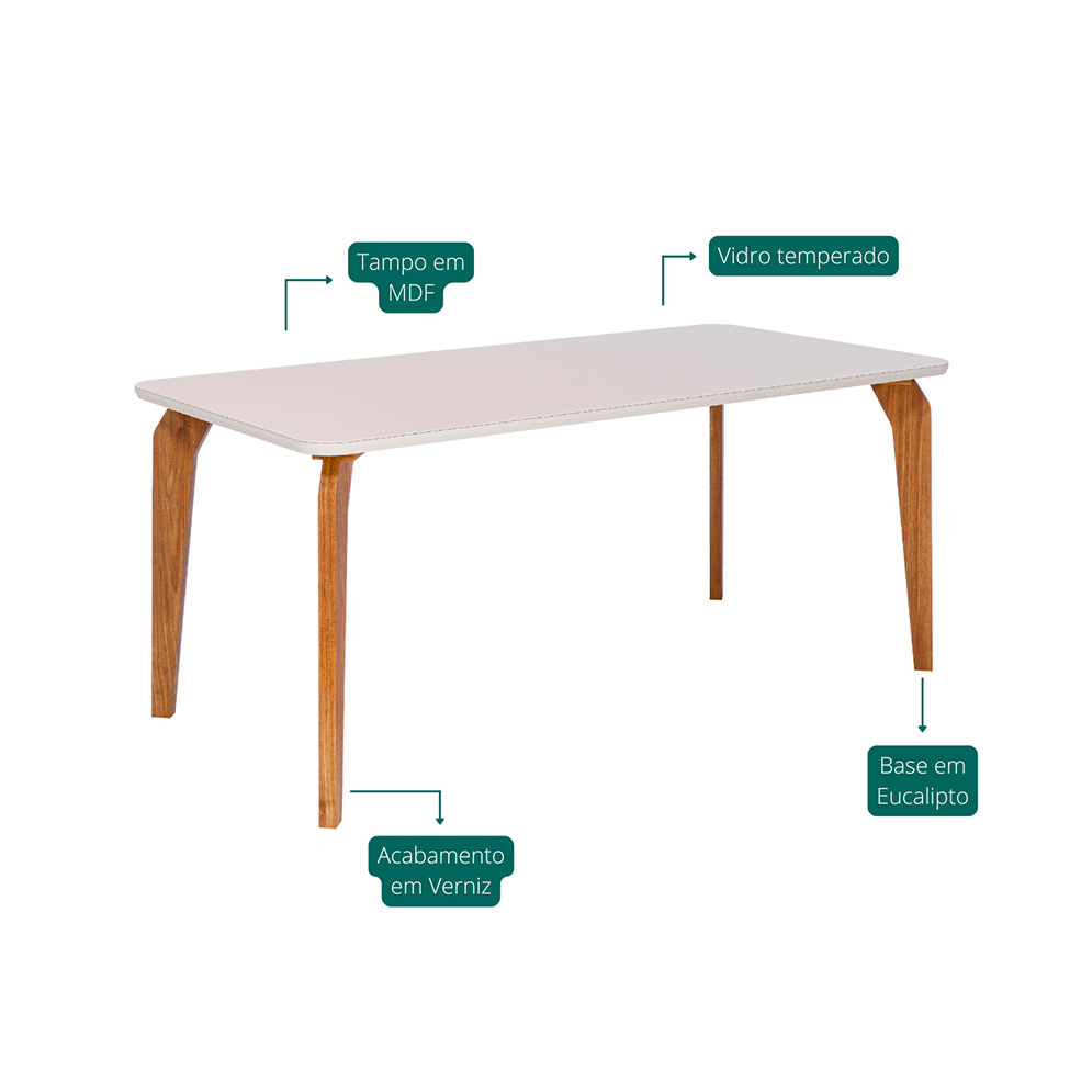 Mesa de Jantar Retangular com Tampo de Vidro Papaia Off White e Madeira 180 cm