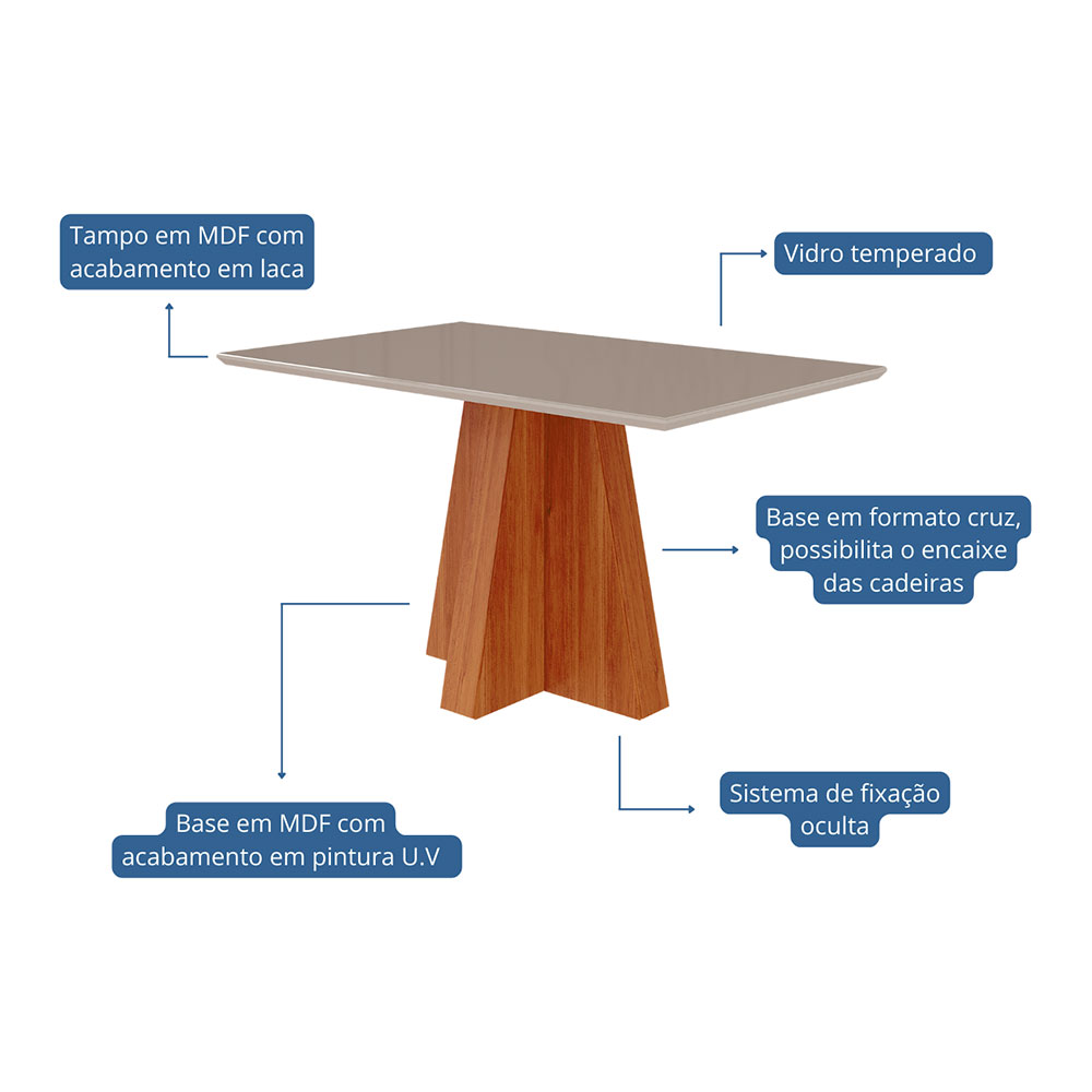 Mesa de Jantar Retangular com Tampo de Vidro Patricia Cinamomo e Off White 130 cm
