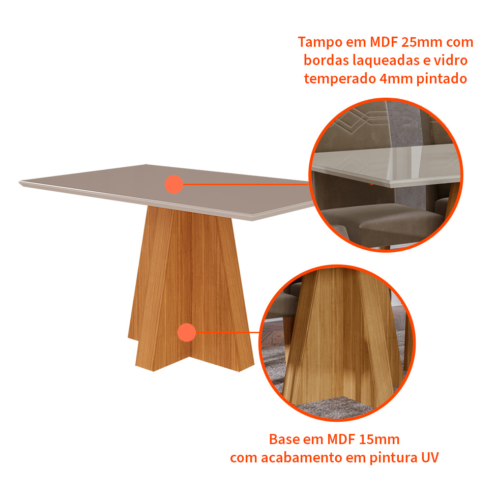 Mesa de Jantar Retangular com Tampo de Vidro Patricia Off White e Nature 130 cm
