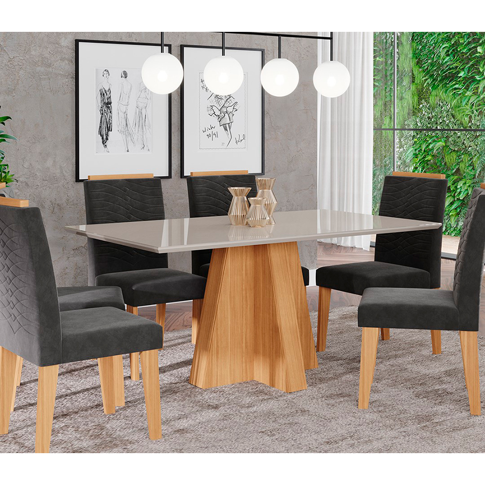 Mesa de Jantar Retangular com Tampo de Vidro Patricia Off White e Nature 160 cm